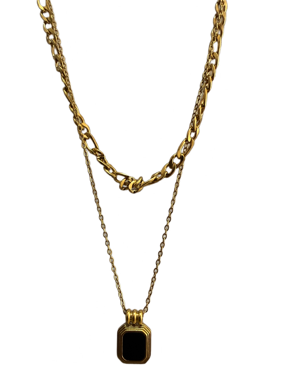 PVD Gold Plated Anti-Tarnish Double Layer Necklace with Black Stone Pendant