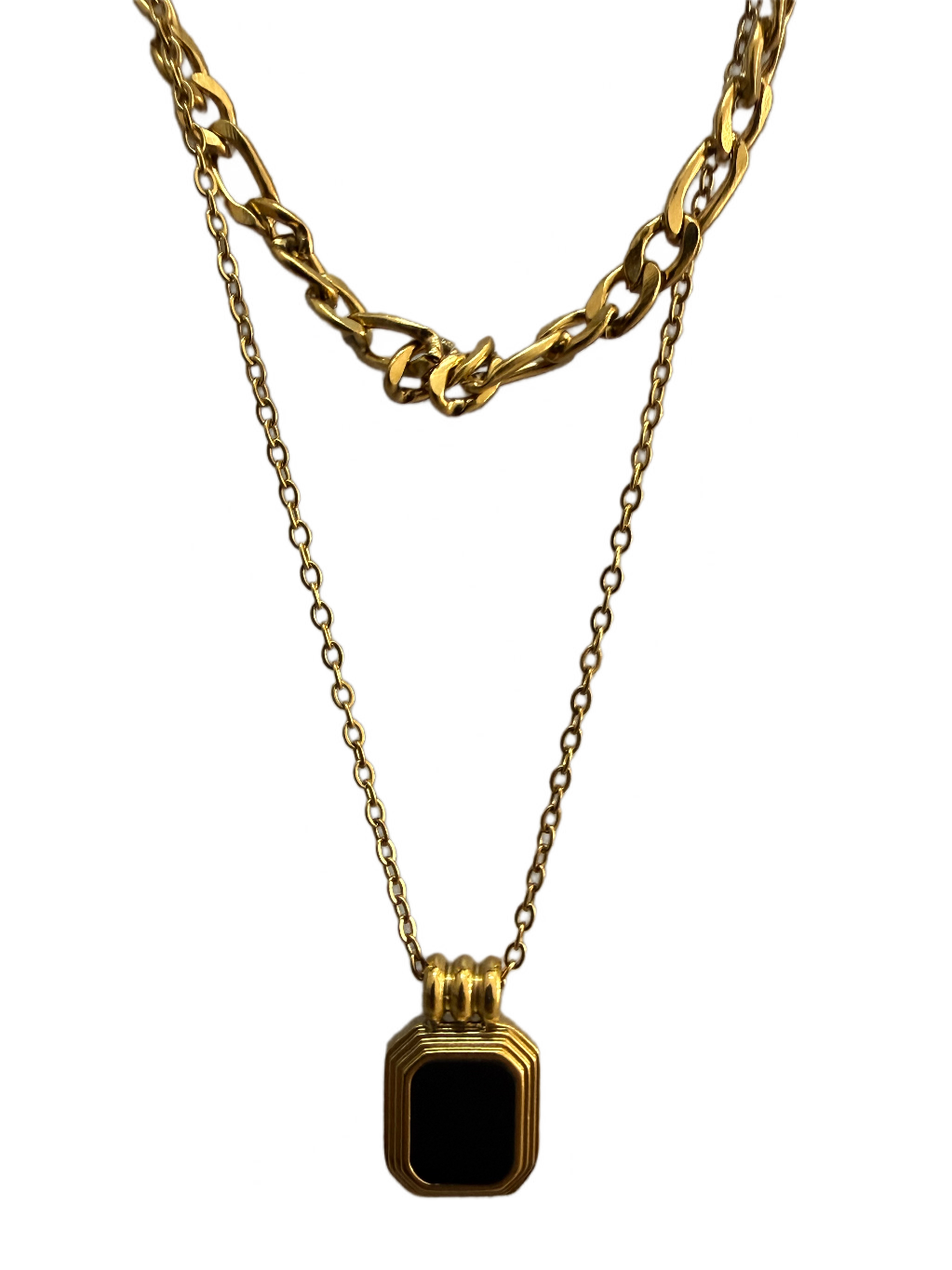 PVD Gold Plated Anti-Tarnish Double Layer Necklace with Black Stone Pendant