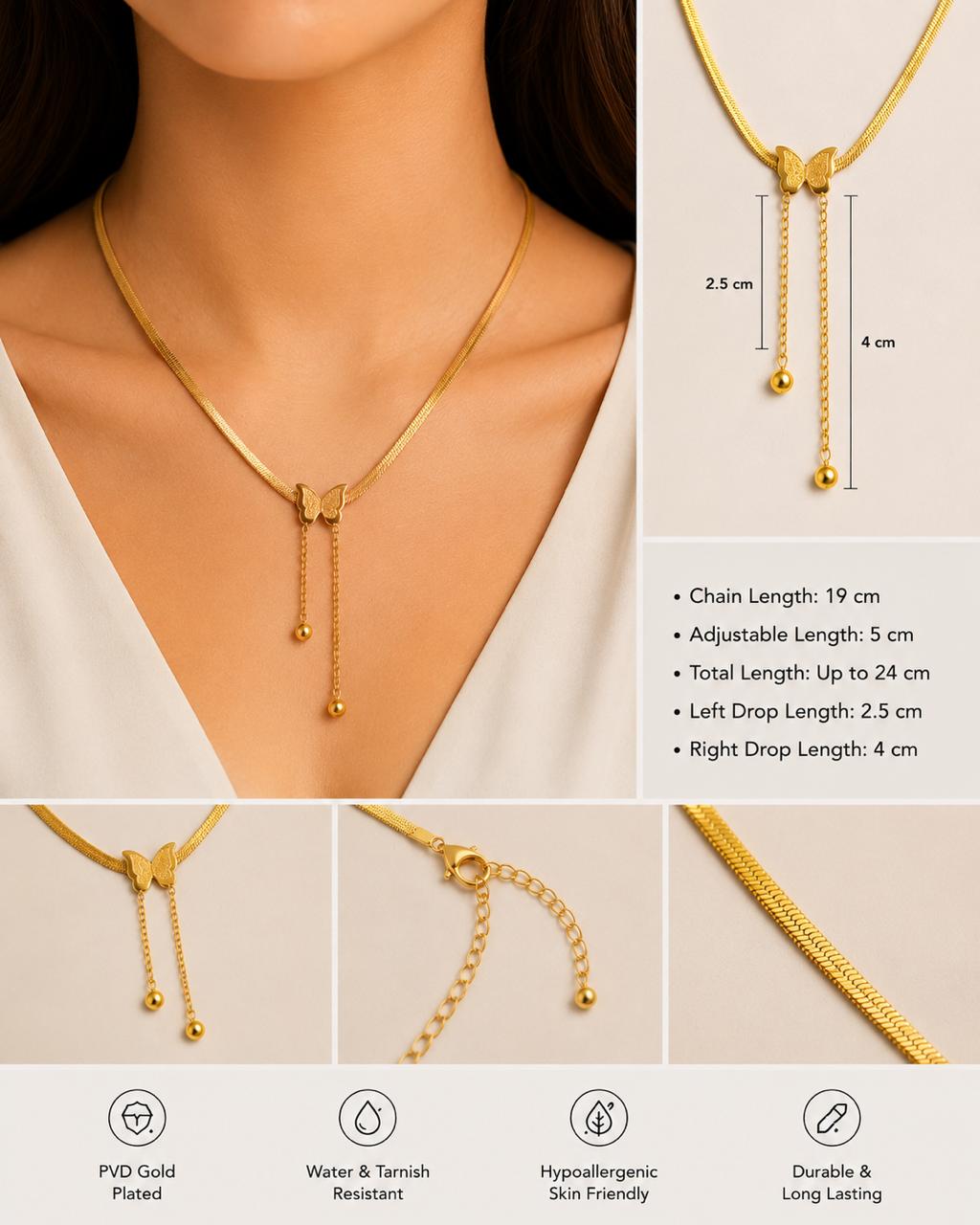 Gold necklace with adjustable length on a model, showing measurements and features.